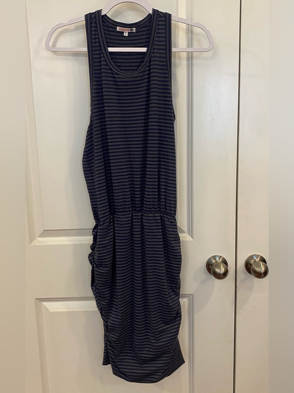 Sundry Racerback Dress Sz 2 Charcoal Gray/Navy Blue Striped Ruched Sides Elastic